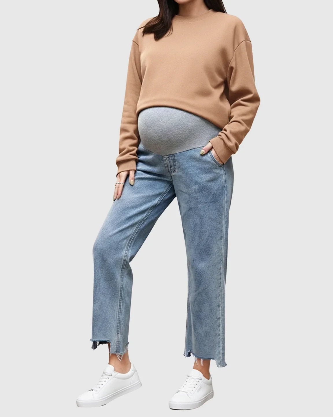 Light wash wide-leg maternity jeans with a grey belly panel and raw hem, worn with a brown sweatshirt.