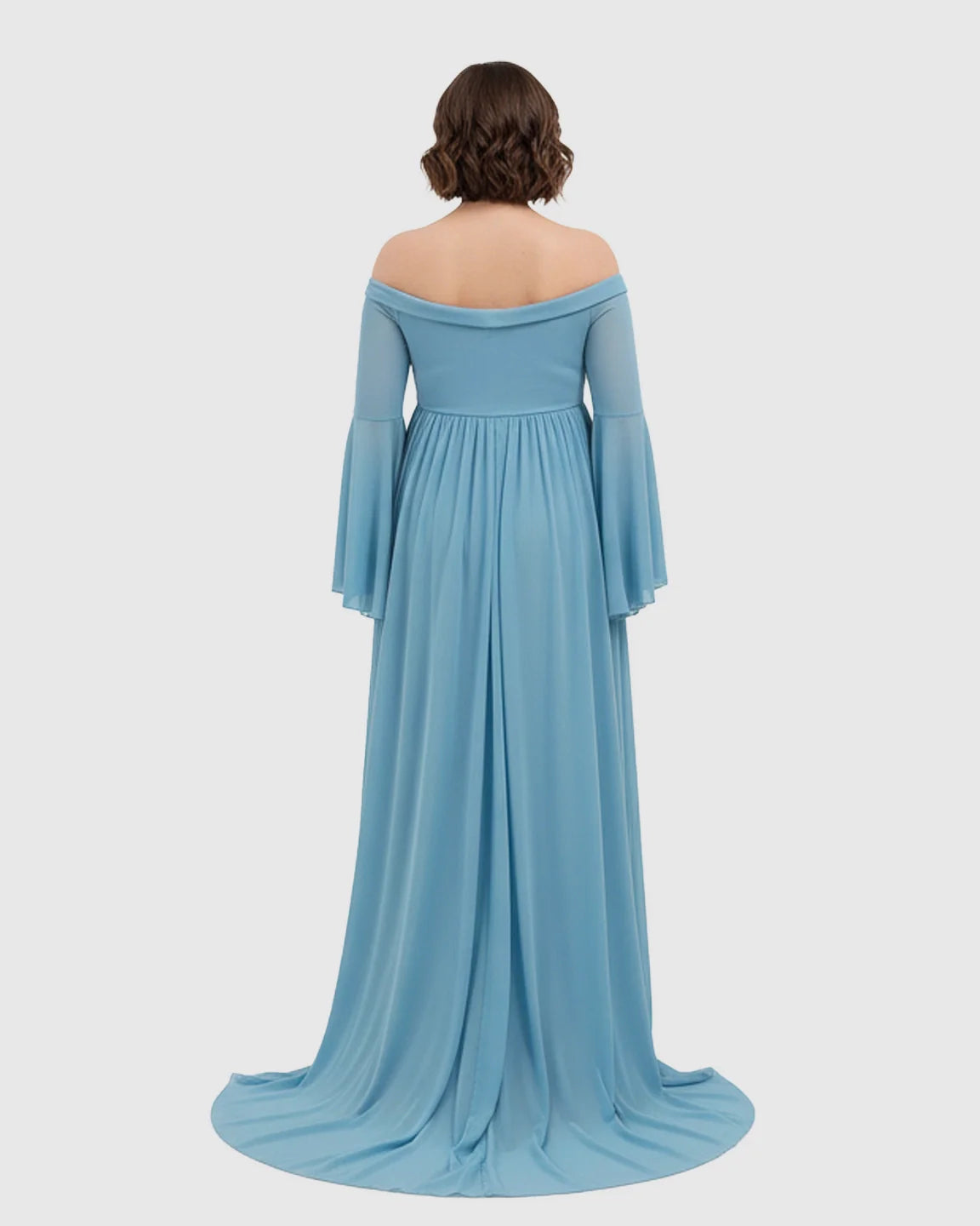 Blue off-shoulder maternity gown with bell sleeves and a long train, seen from the back.