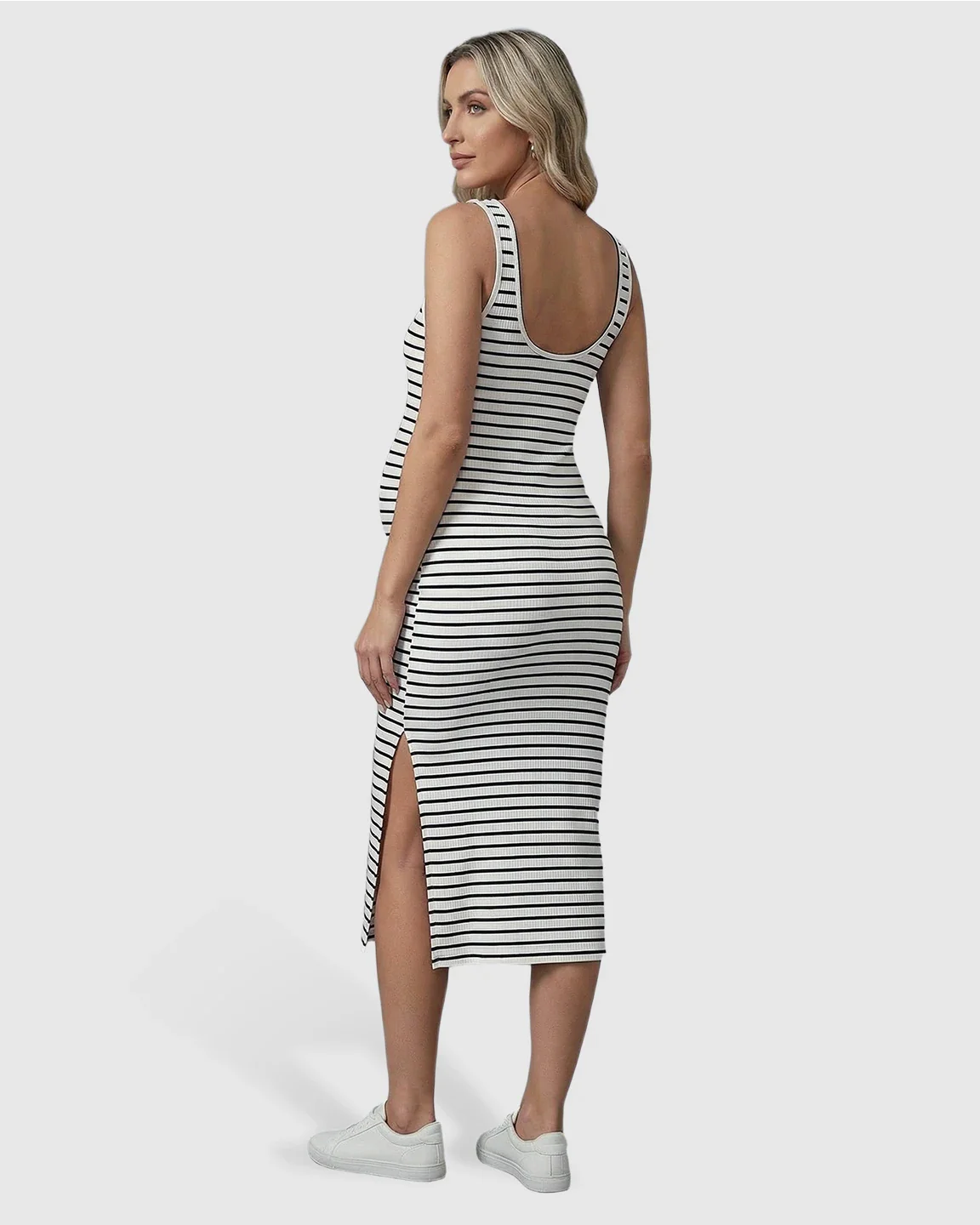 Bump Society – The Comfort Collection: Stripe Print Side Slit Maternity Midi Dress