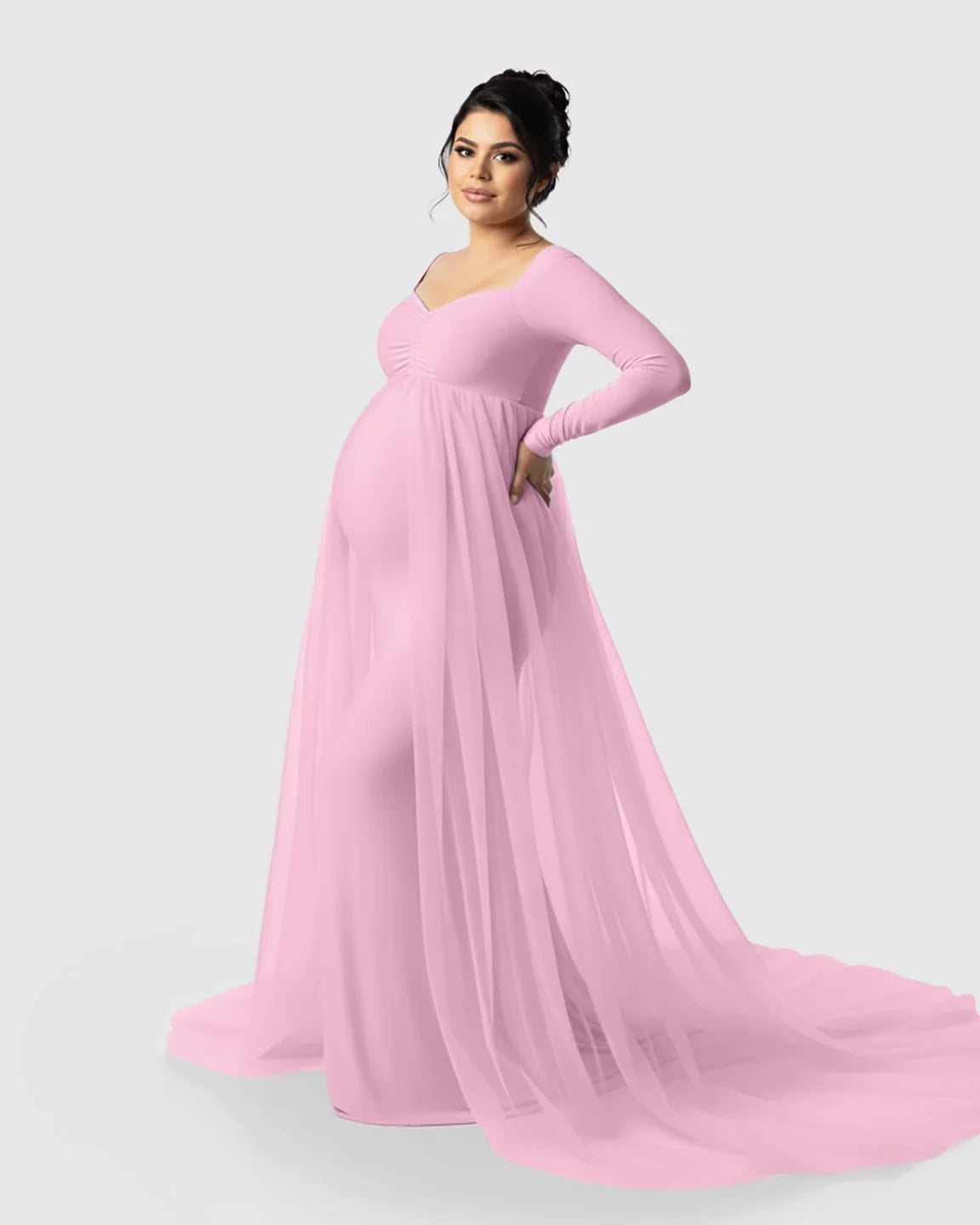 Bump Society – The Comfort Collection: Sheer Mesh Flowy Train Maternity Maxi Dress