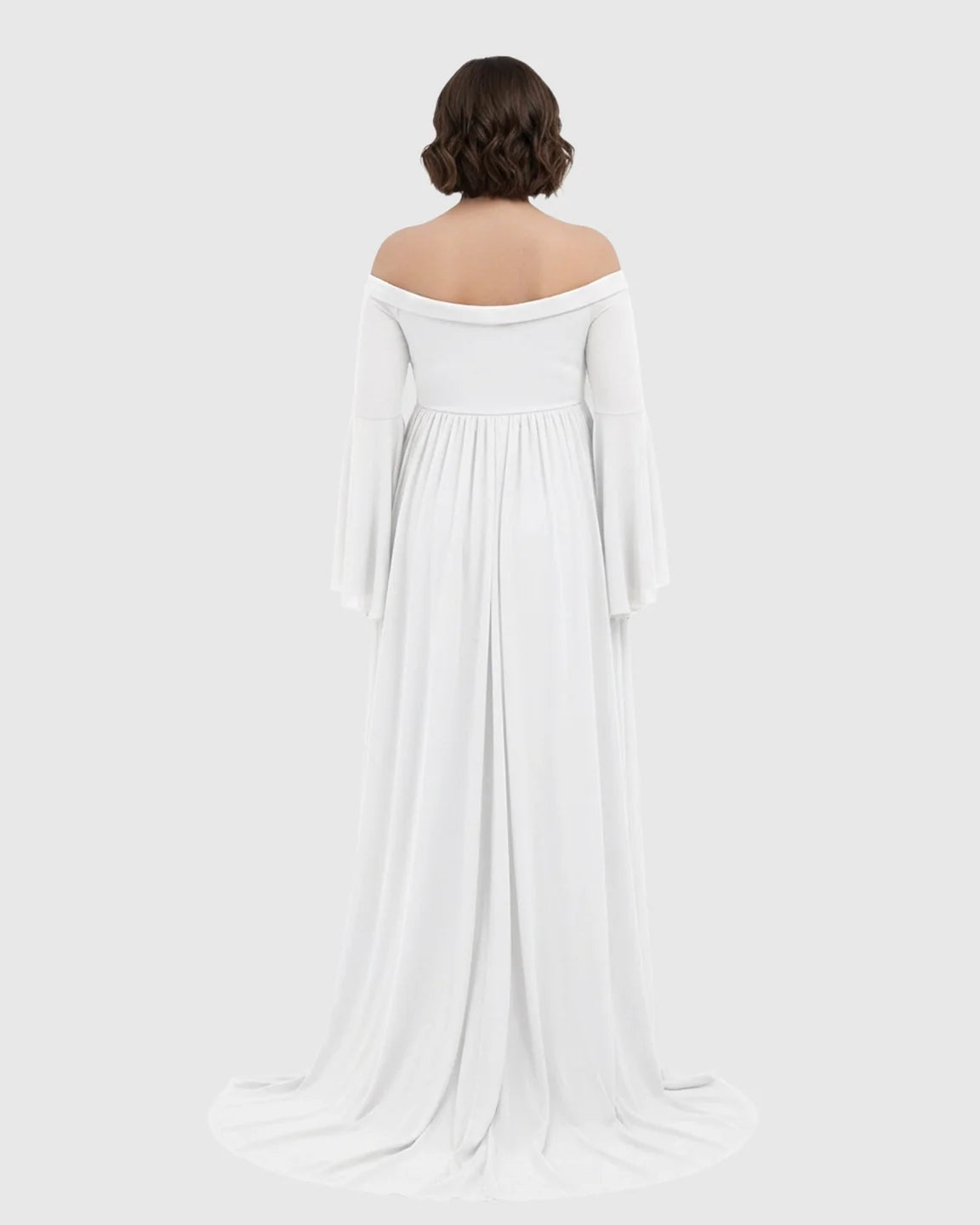 White off-shoulder maternity gown with bell sleeves and a super long train, viewed from the back.
