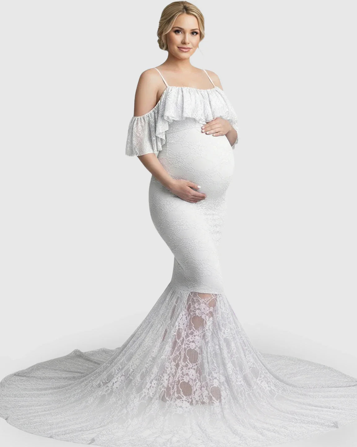 Bump Society – The Comfort Collection: Off-Shoulder Lace Mermaid Maternity Gown