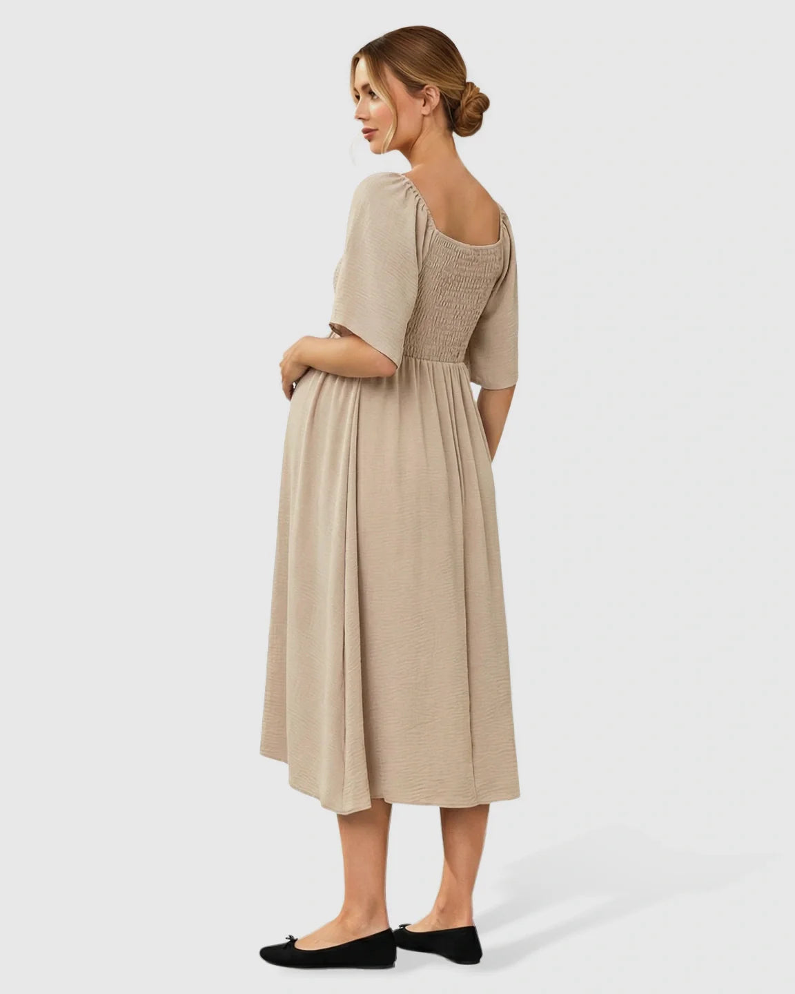 Bump Society – The Comfort Collection: Tie-Knot Front Swing Silhouette Maternity Midi Dress