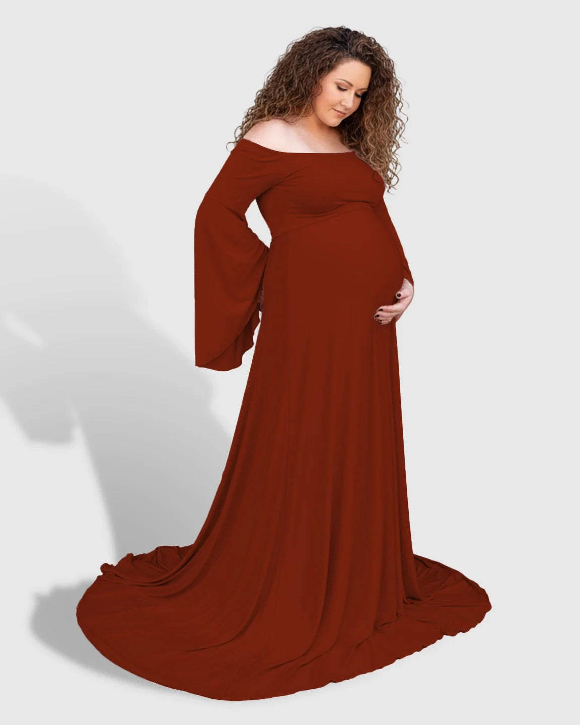 Bump Society – The Comfort Collection: Off-Shoulder Bell Sleeve Boho Maternity Photoshoot Maxi Dress