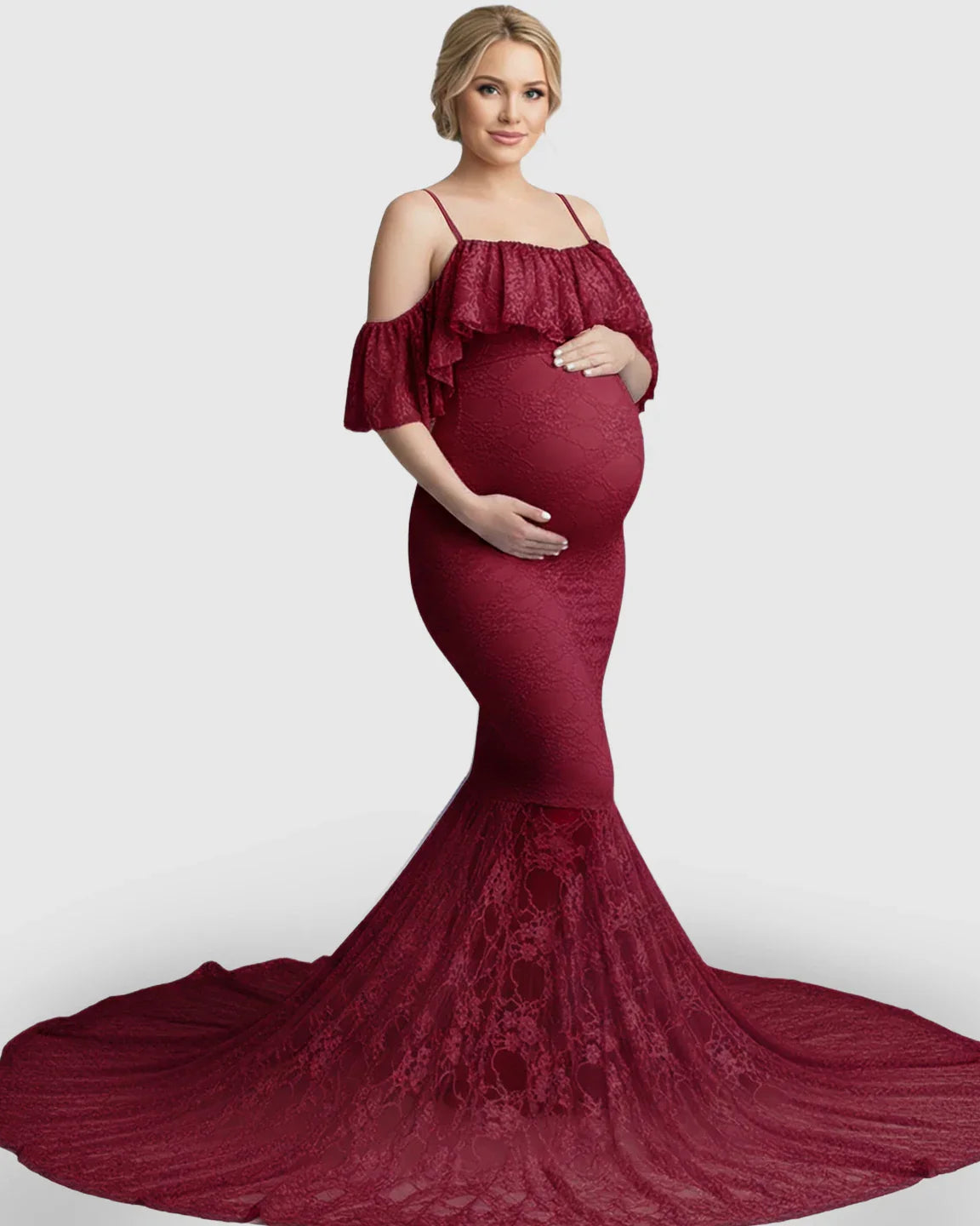 Bump Society – The Comfort Collection: Off-Shoulder Lace Mermaid Maternity Gown