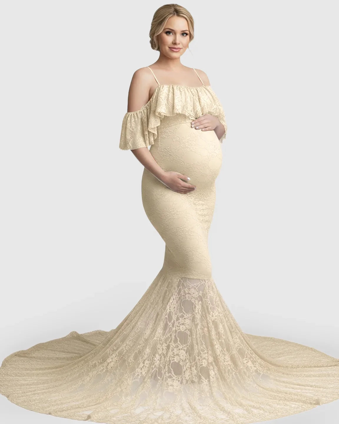 Bump Society – The Comfort Collection: Off-Shoulder Lace Mermaid Maternity Gown