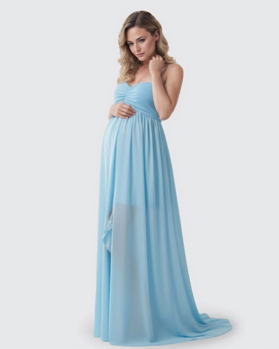 Bump Society – The Comfort Collection: Strapless Chiffon Train Maternity Gown