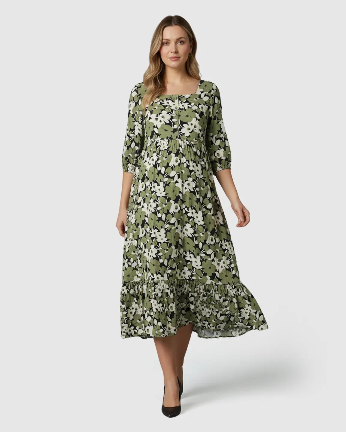 Bump Society – The Comfort Collection: Button Front Square Neck Maternity Midi Dress