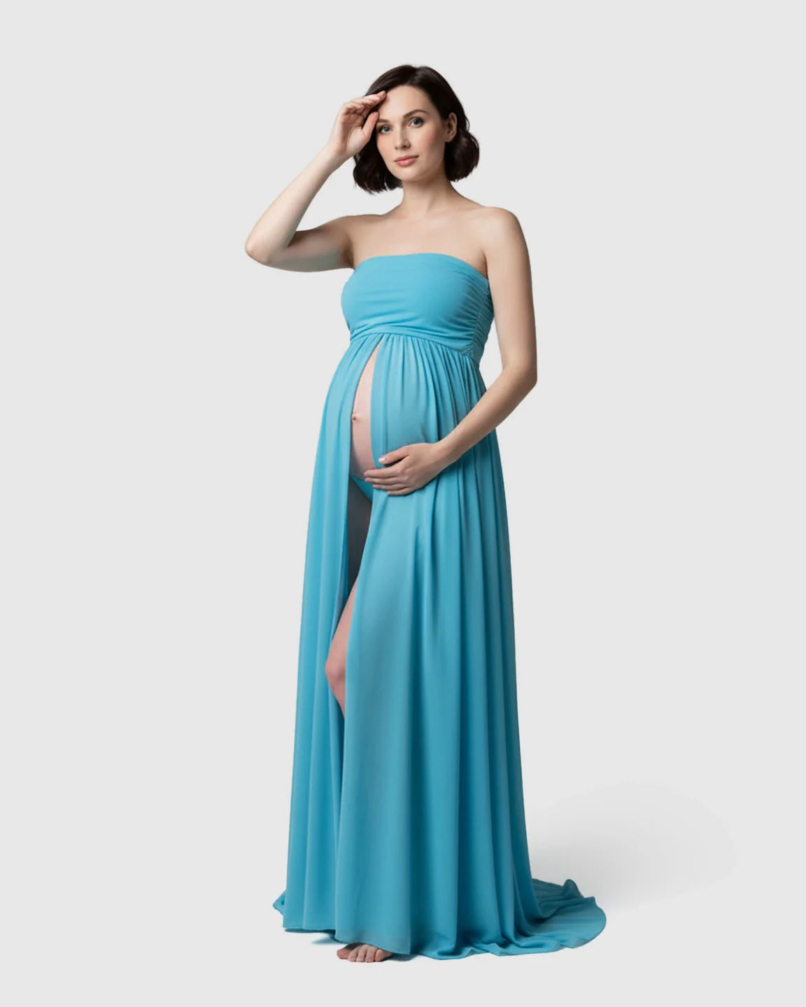 Bump Society – The Comfort Collection: Strapless Ruched Front Slit Maternity Photoshoot Dress