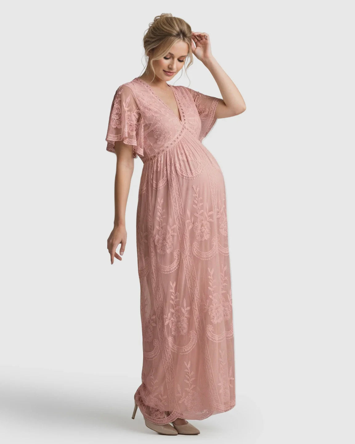 Bump Society – The Comfort Collection: Sheer-Lace Romantic Maternity Maxi Dress