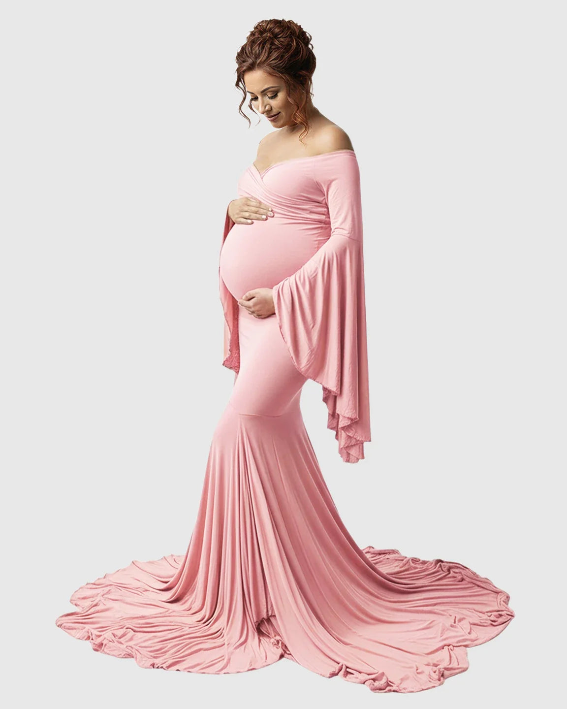 Bump Society – The Comfort Collection: Flared Sleeve Fishtail Train Maternity Photoshoot Dress