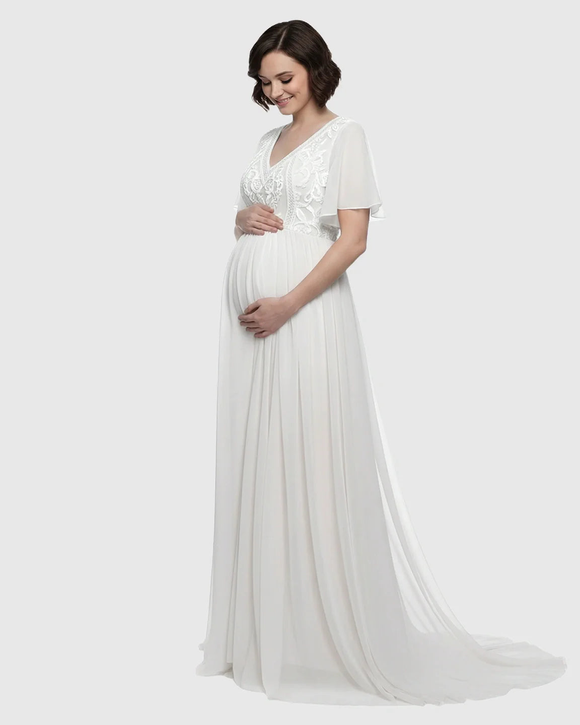 Bump Society – The Comfort Collection: Embroidered Bodice Long Train Maternity Photoshoot Gown