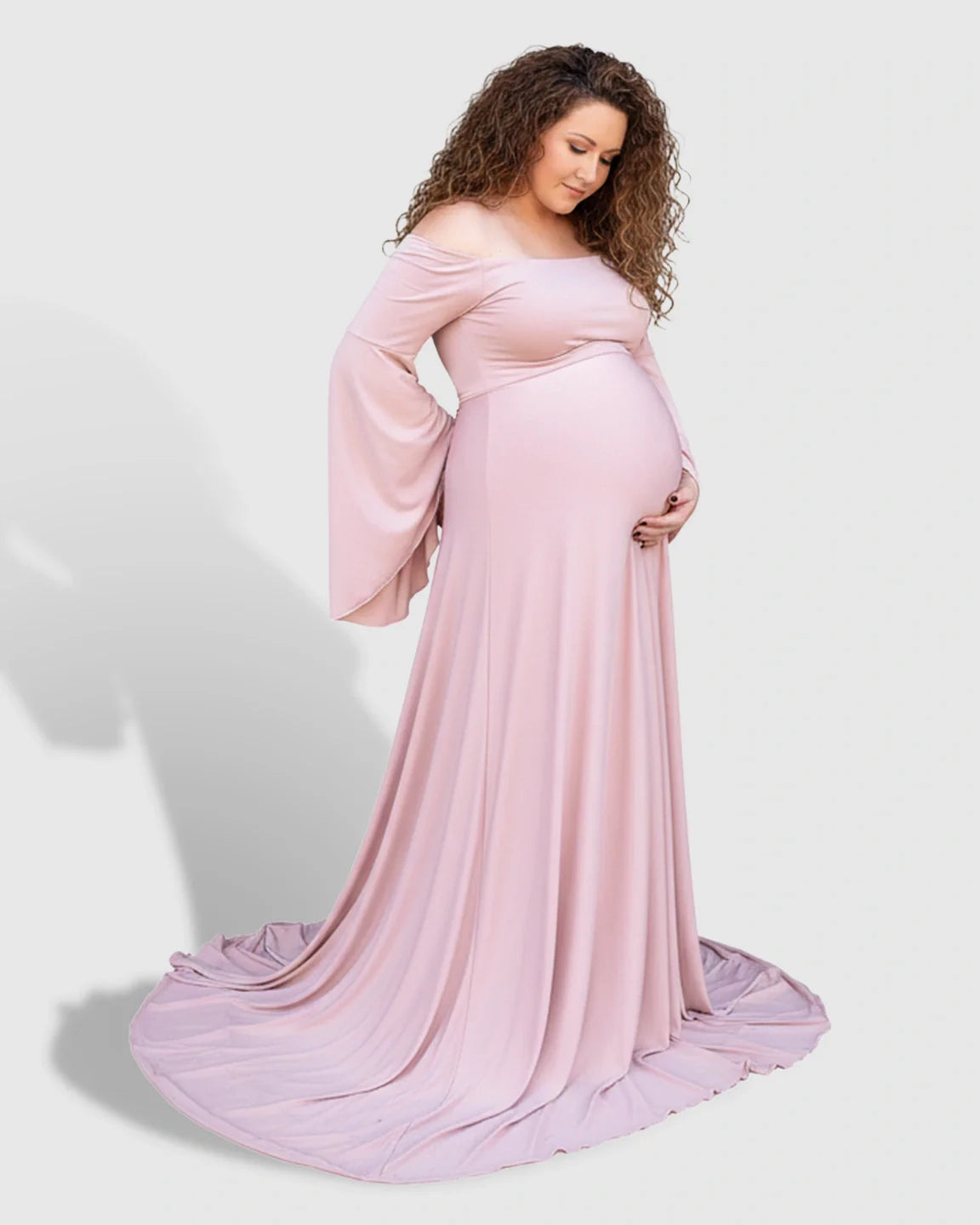 Bump Society – The Comfort Collection: Off-Shoulder Bell Sleeve Boho Maternity Photoshoot Maxi Dress