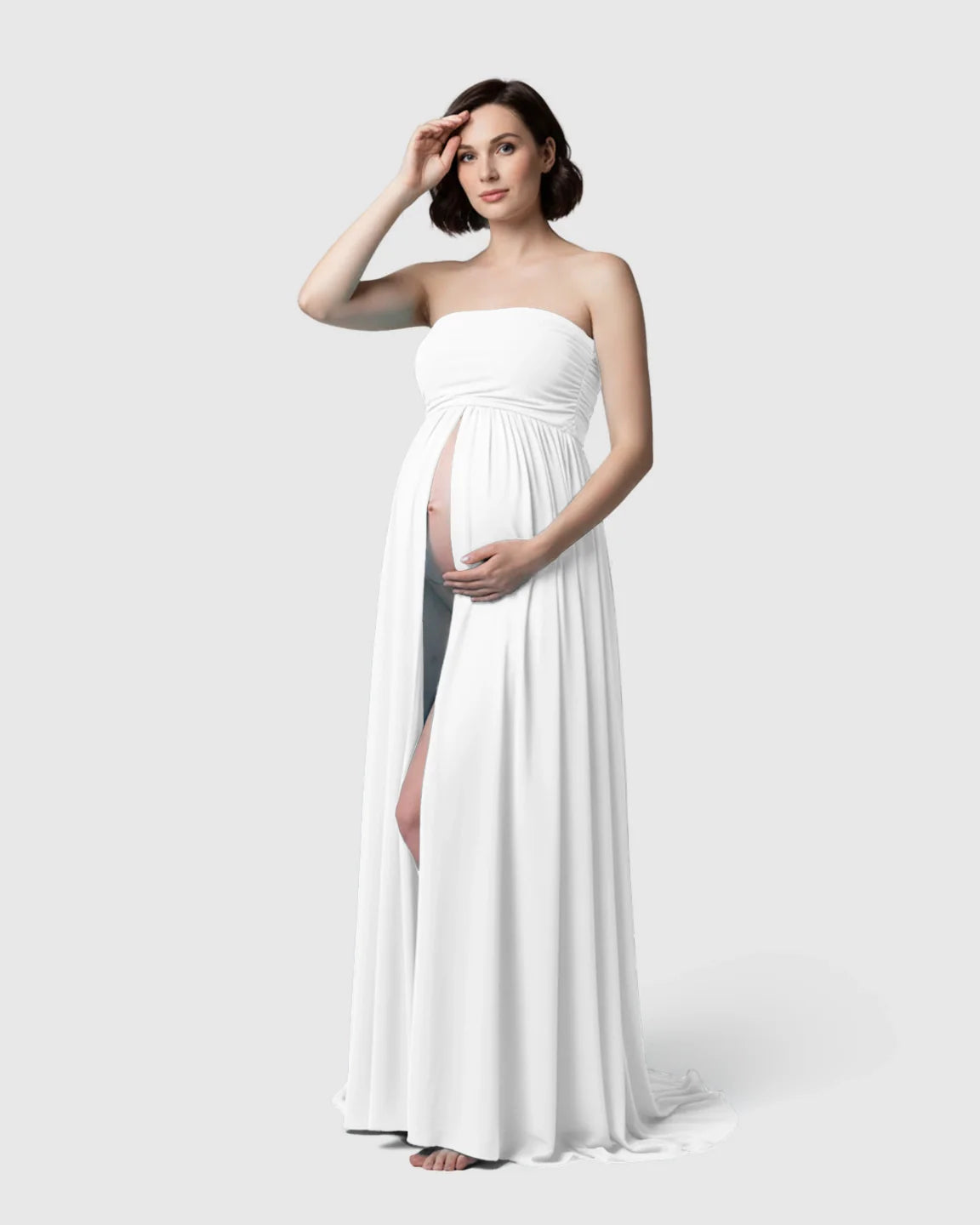 Bump Society – The Comfort Collection: Strapless Ruched Front Slit Maternity Photoshoot Dress