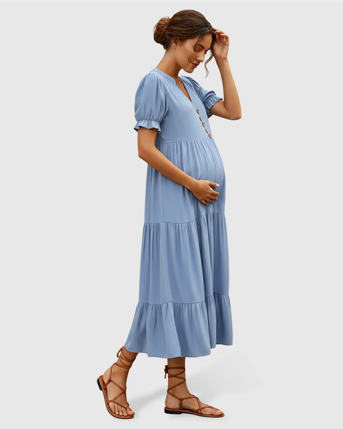 Bump Society – The Comfort Collection: Stand Up Collar Tiered Skirt Maternity Midi Dress