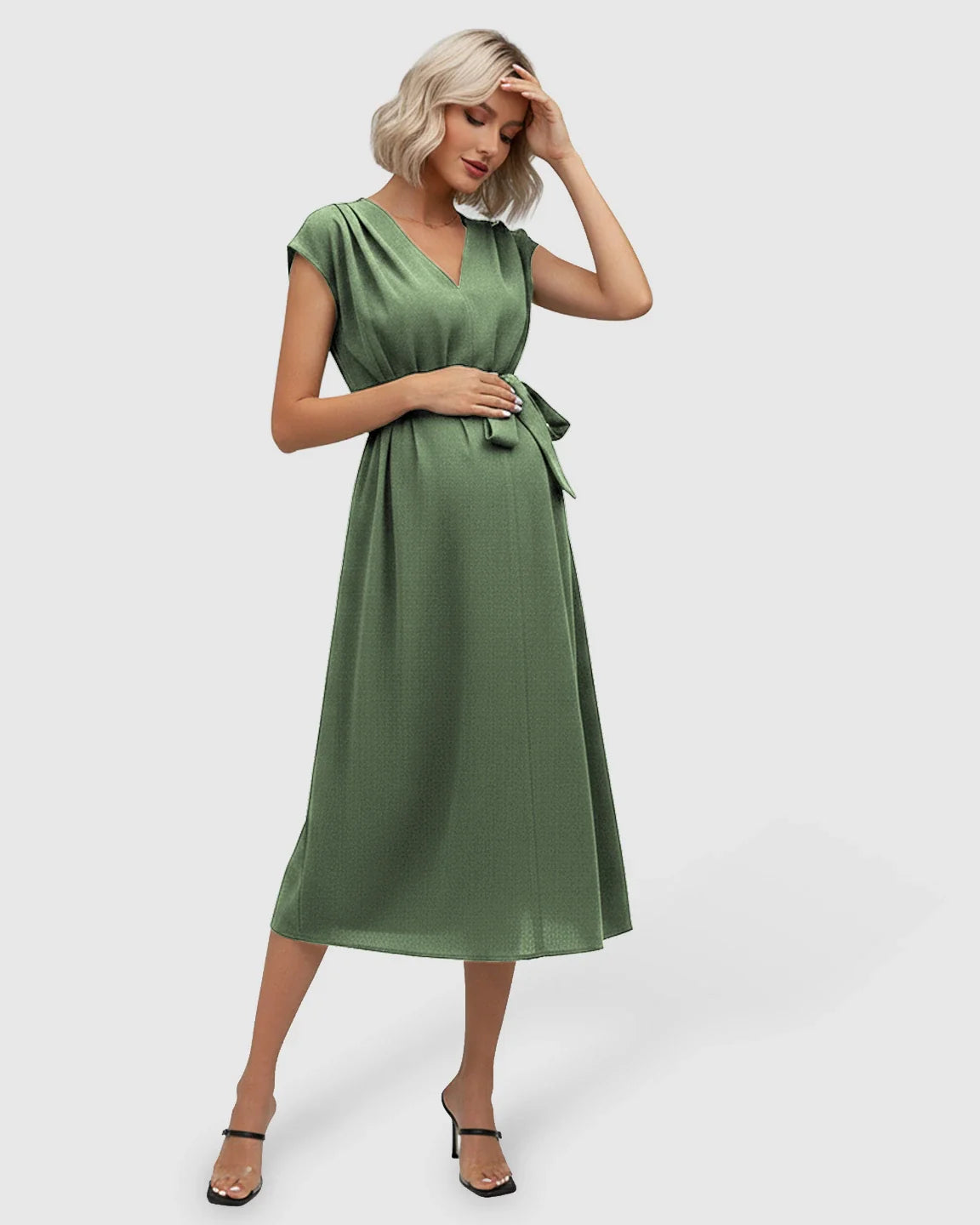 Maternity midi dress in olive green with V-neck, flutter sleeves, and adjustable tie-waist.