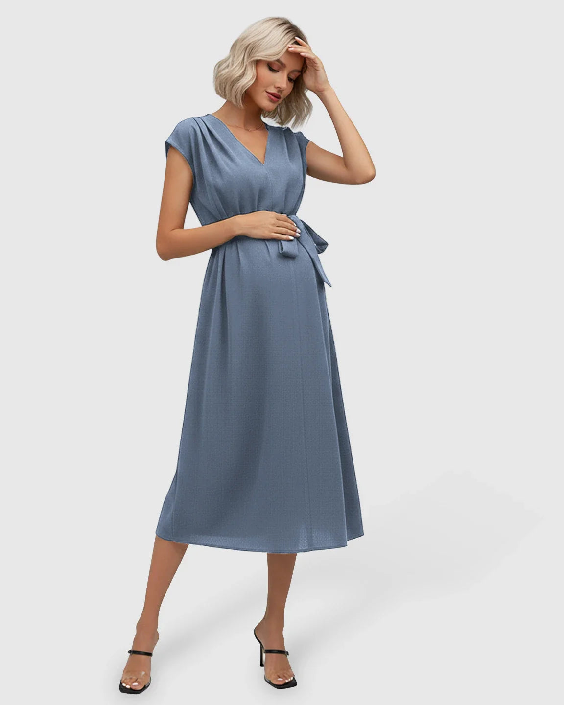 Blue maternity midi dress with V-neck, flutter sleeves, and adjustable tie-waist.