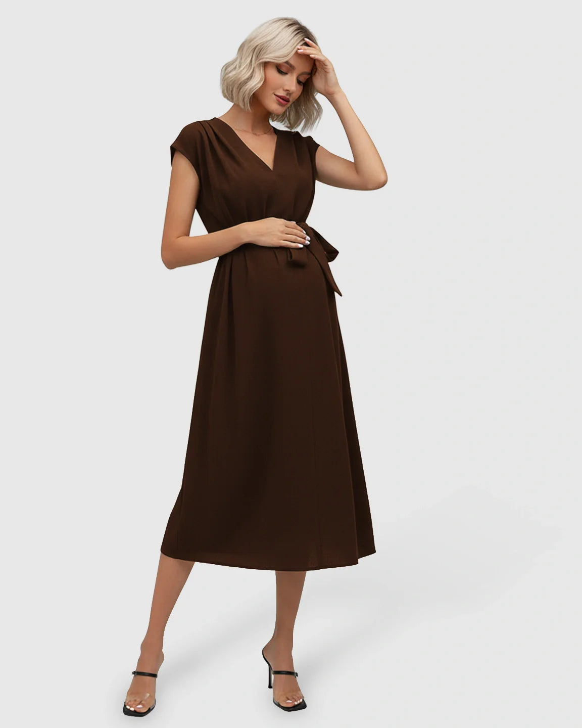 Maternity midi dress in brown with V-neck, flutter sleeves, and adjustable tie-waist.
