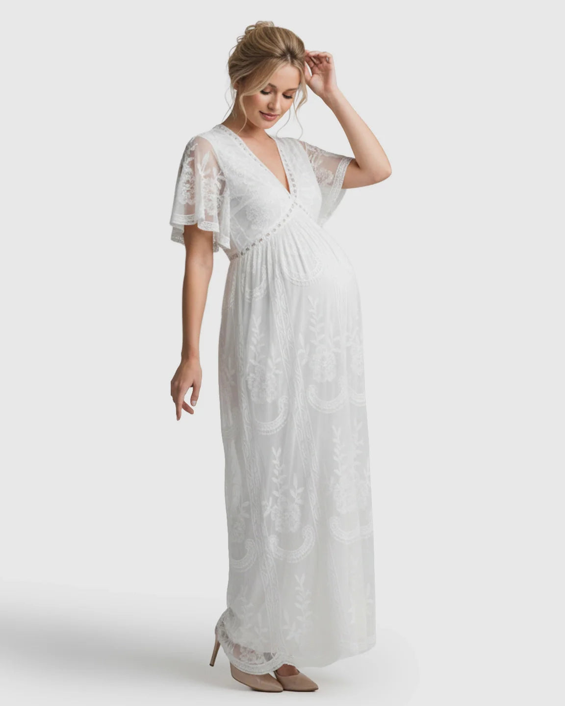 Bump Society – The Comfort Collection: Sheer-Lace Romantic Maternity Maxi Dress