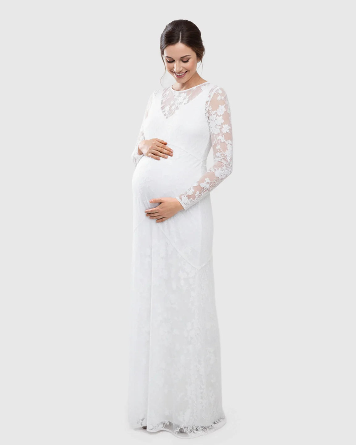 Bump Society – The Comfort Collection: Detachable Mesh Lace V-Neck Maternity Wedding Dress