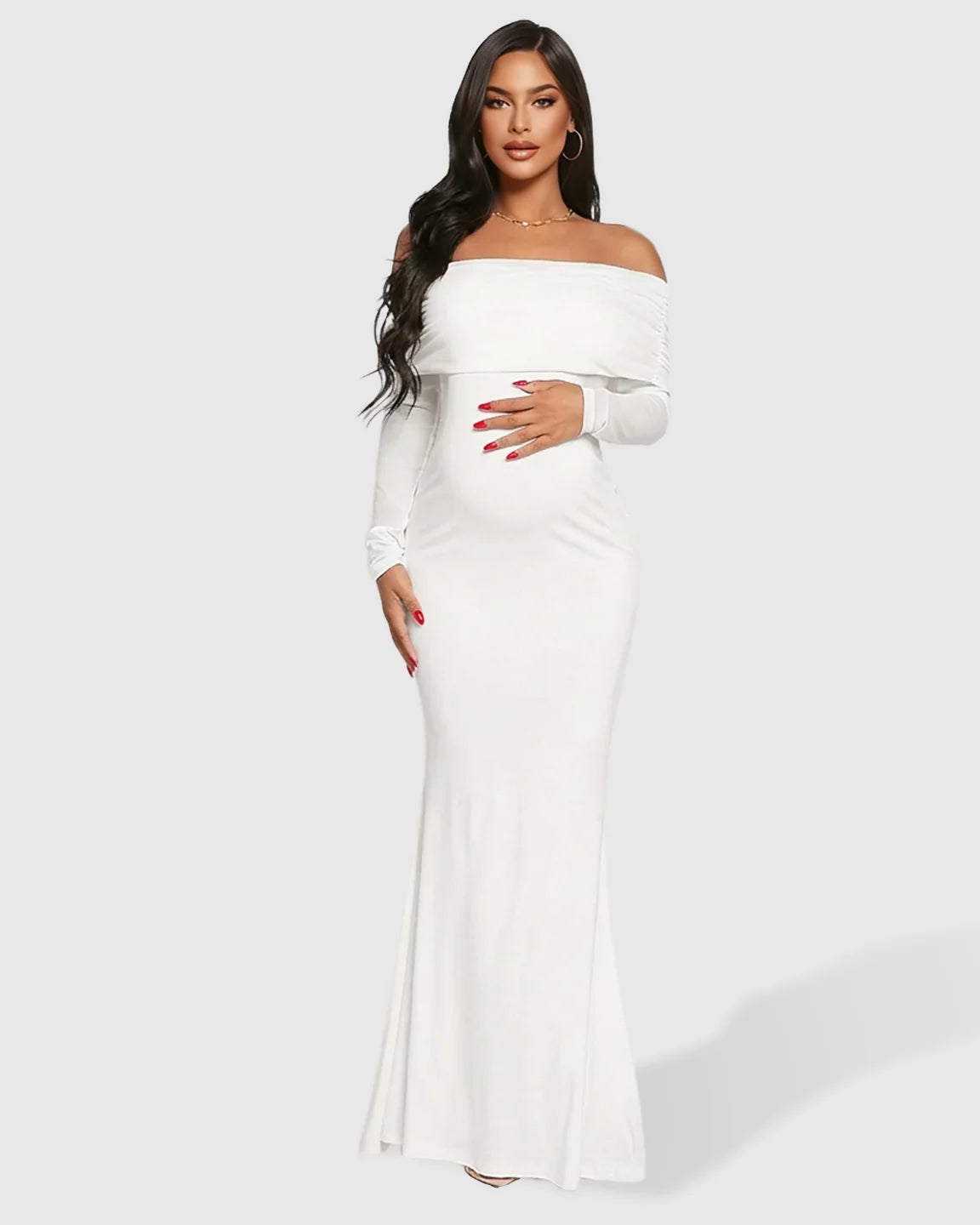 White off-shoulder draped neck mermaid fit maternity maxi dress, long sleeves, polyester stretch.