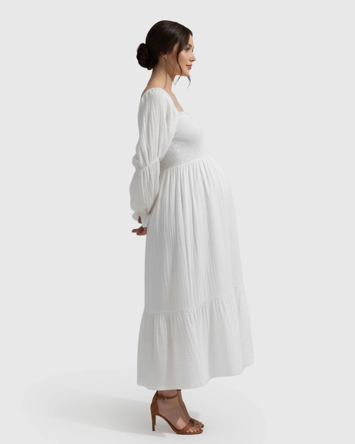 Bump Society – The Comfort Collection: Puffed Long-Sleeve Tiered Skirt Maternity Maxi Dress