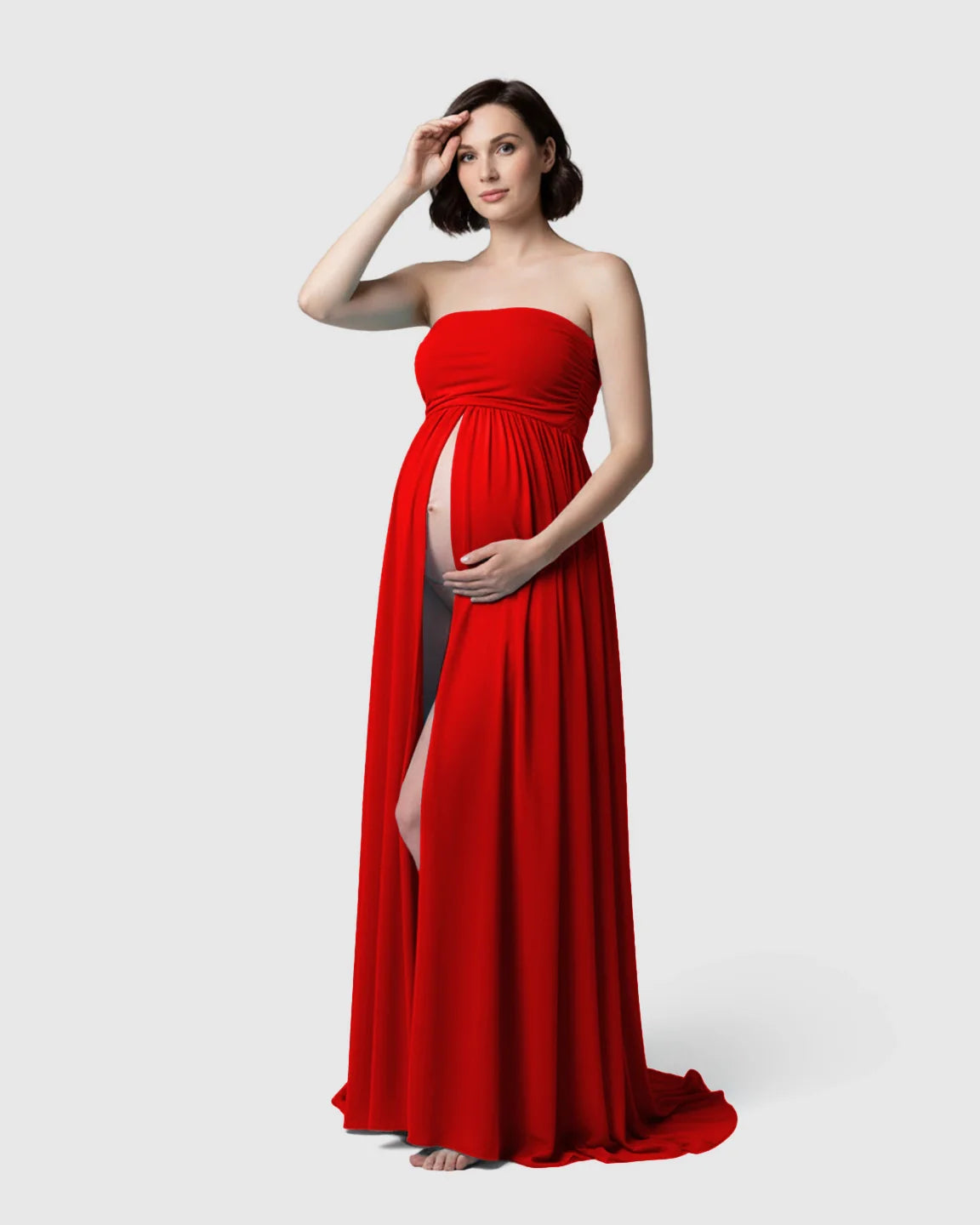 Bump Society – The Comfort Collection: Strapless Ruched Front Slit Maternity Photoshoot Dress