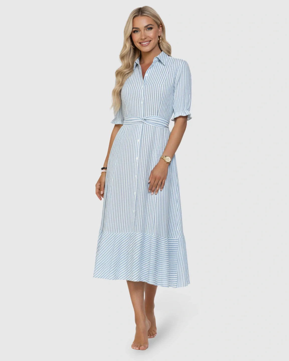 Blonde model in a light blue and white striped lapel puff-sleeve A-line maternity dress with a tie waist.