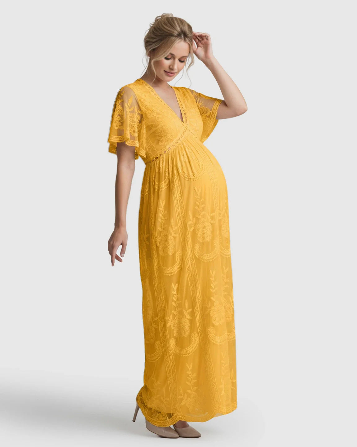 Bump Society – The Comfort Collection: Sheer-Lace Romantic Maternity Maxi Dress