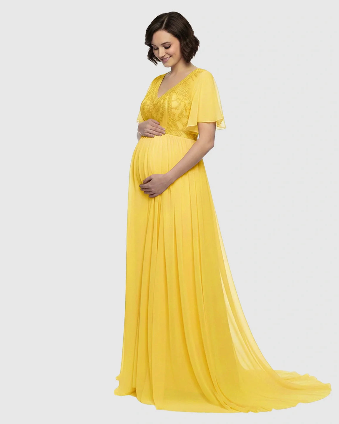 Bump Society – The Comfort Collection: Embroidered Bodice Long Train Maternity Photoshoot Gown