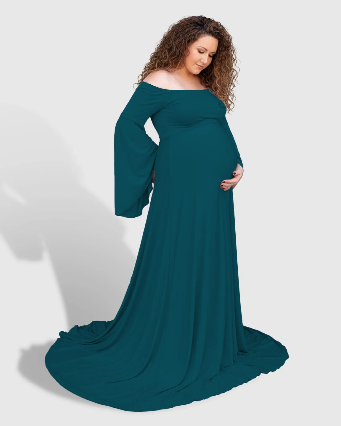 Bump Society – The Comfort Collection: Off-Shoulder Bell Sleeve Boho Maternity Photoshoot Maxi Dress