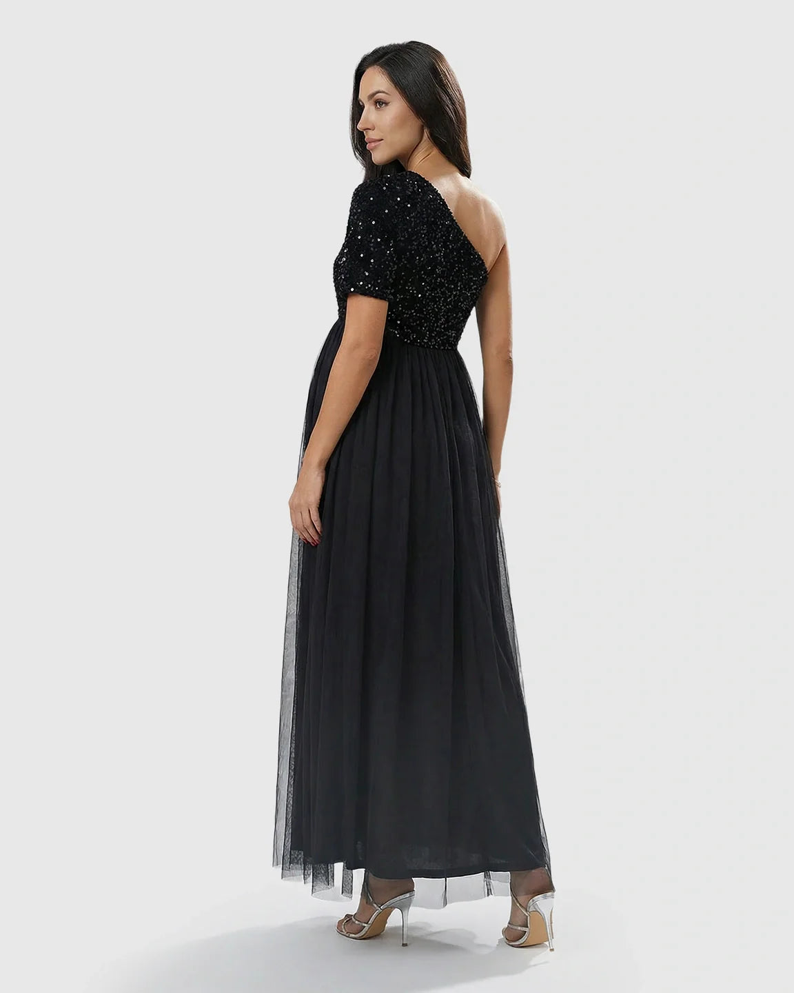Bump Society – The Comfort Collection: Sequin One-Shoulder Flowing Mesh Maternity Maxi Dress