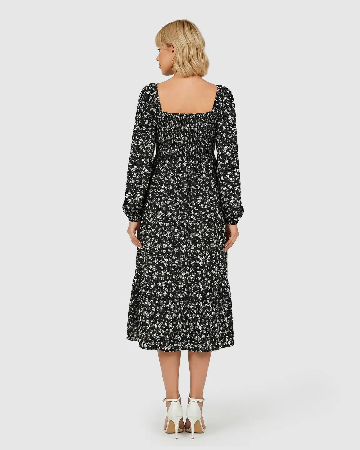 Bump Society – The Comfort Collection: Long Sleeve Dark Floral Print Maternity Midi Dress