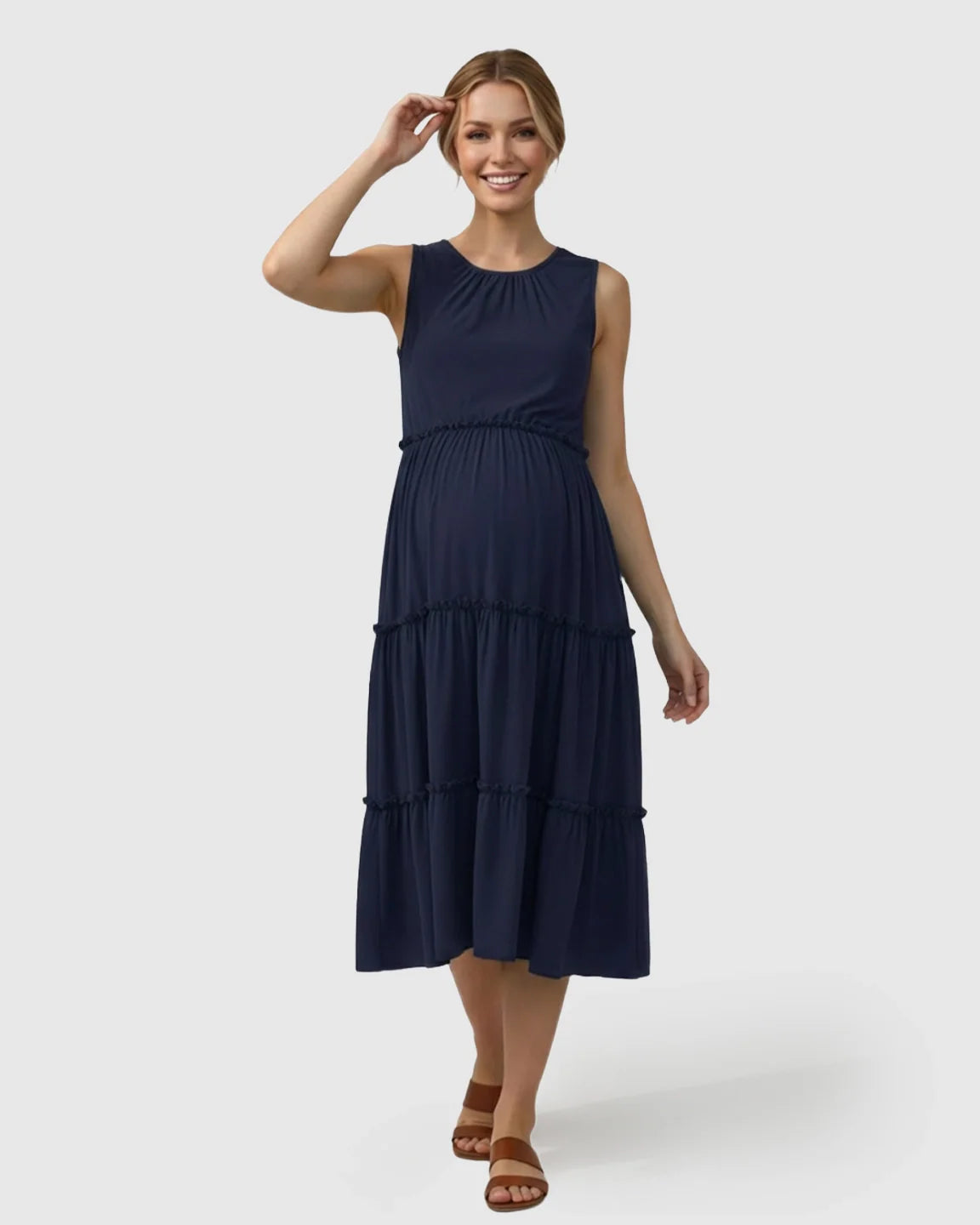 Bump Society – The Comfort Collection: Tiered Ruffle Skirt Casual Maternity Midi Dress