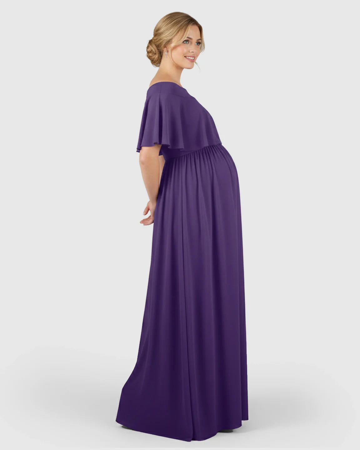 Purple off-shoulder bohemian maternity photoshoot dress in soft, flowing chiffon, highlighting a pregnant woman's bump.