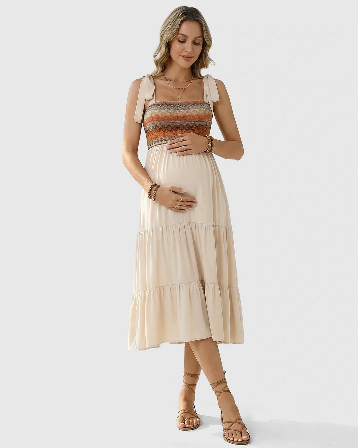Bump Society – The Comfort Collection: Smocked Ethnic Bodice Tiered A-Line Maternity Sundress