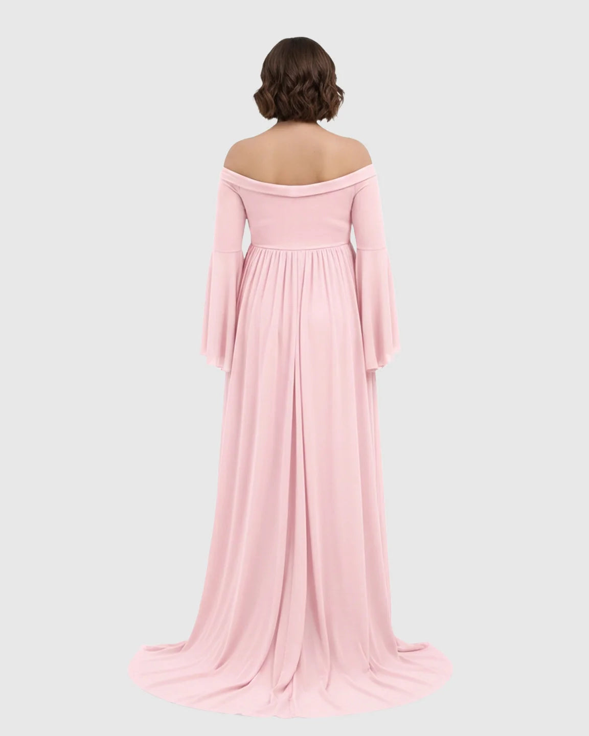 Pink off-shoulder maternity gown with bell sleeves and a long train, viewed from the back.