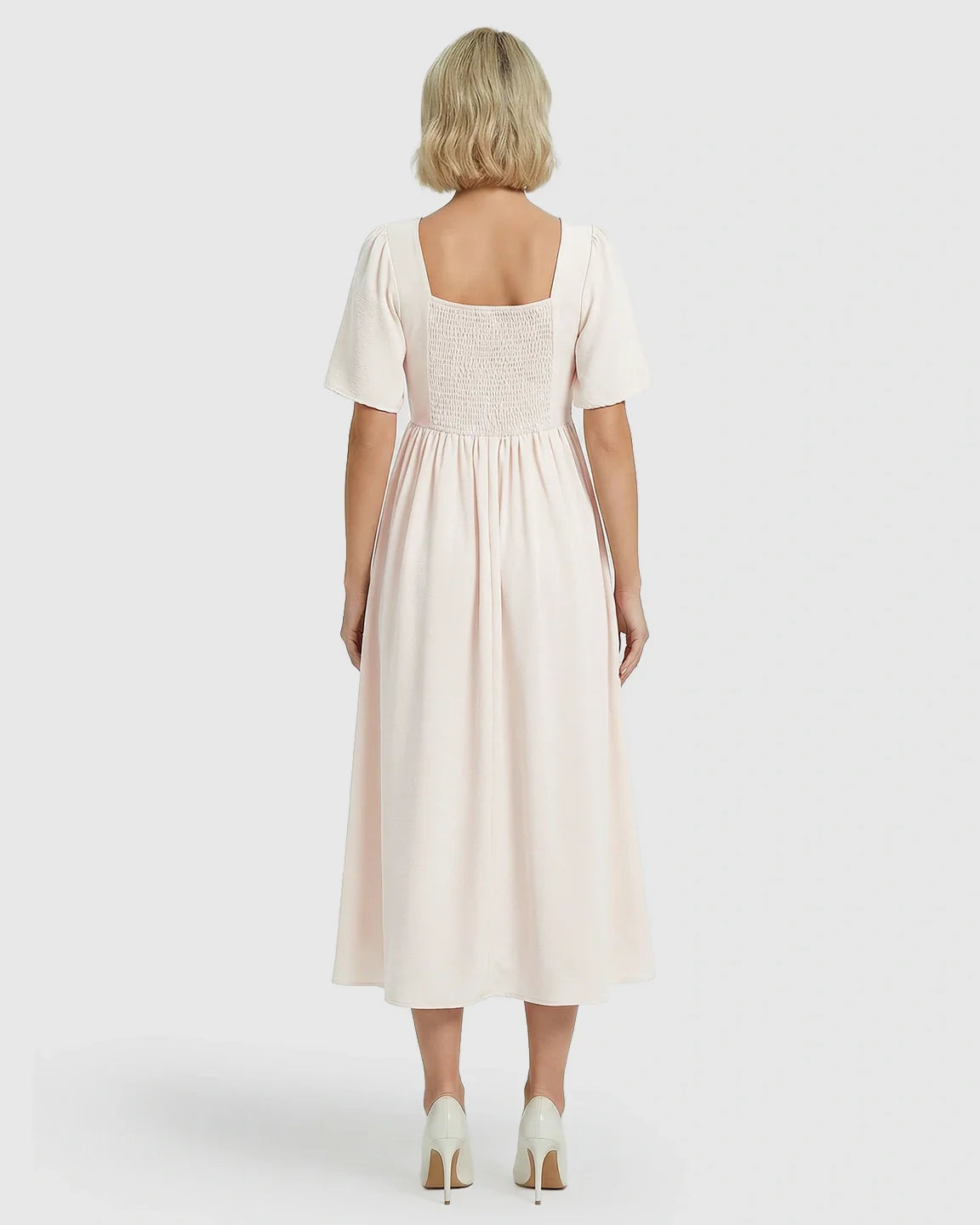 Bump Society – The Comfort Collection: Shirred Ruffle Sleeve Swing Maternity Midi Dress