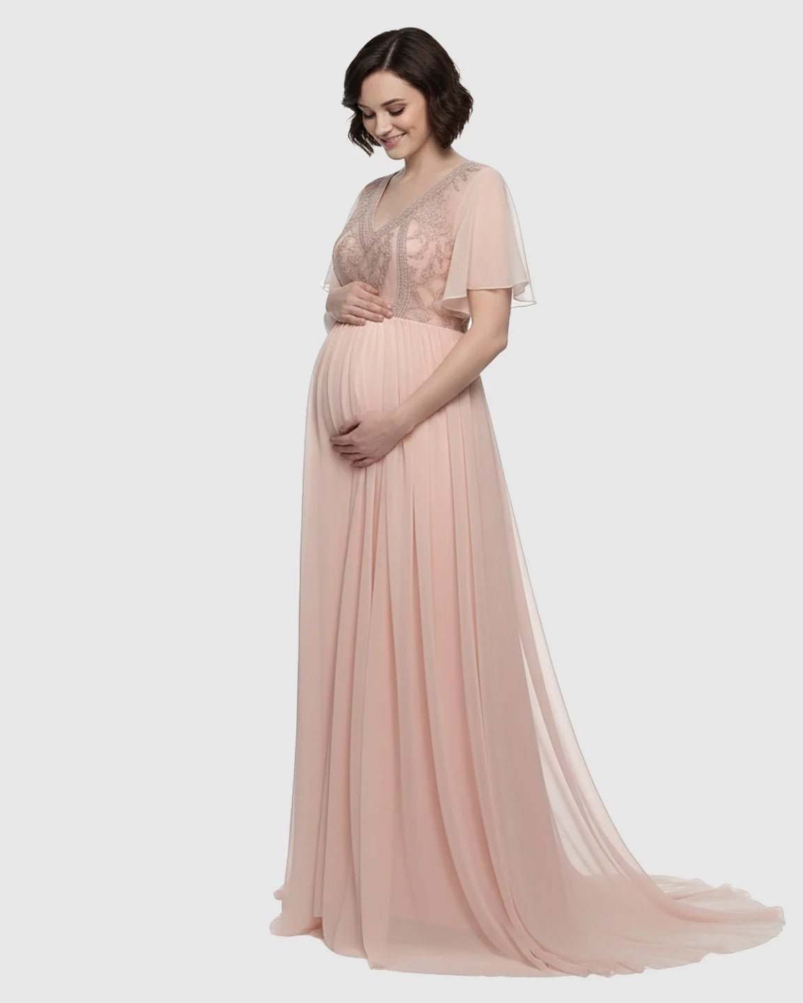 Bump Society – The Comfort Collection: Embroidered Bodice Long Train Maternity Photoshoot Gown