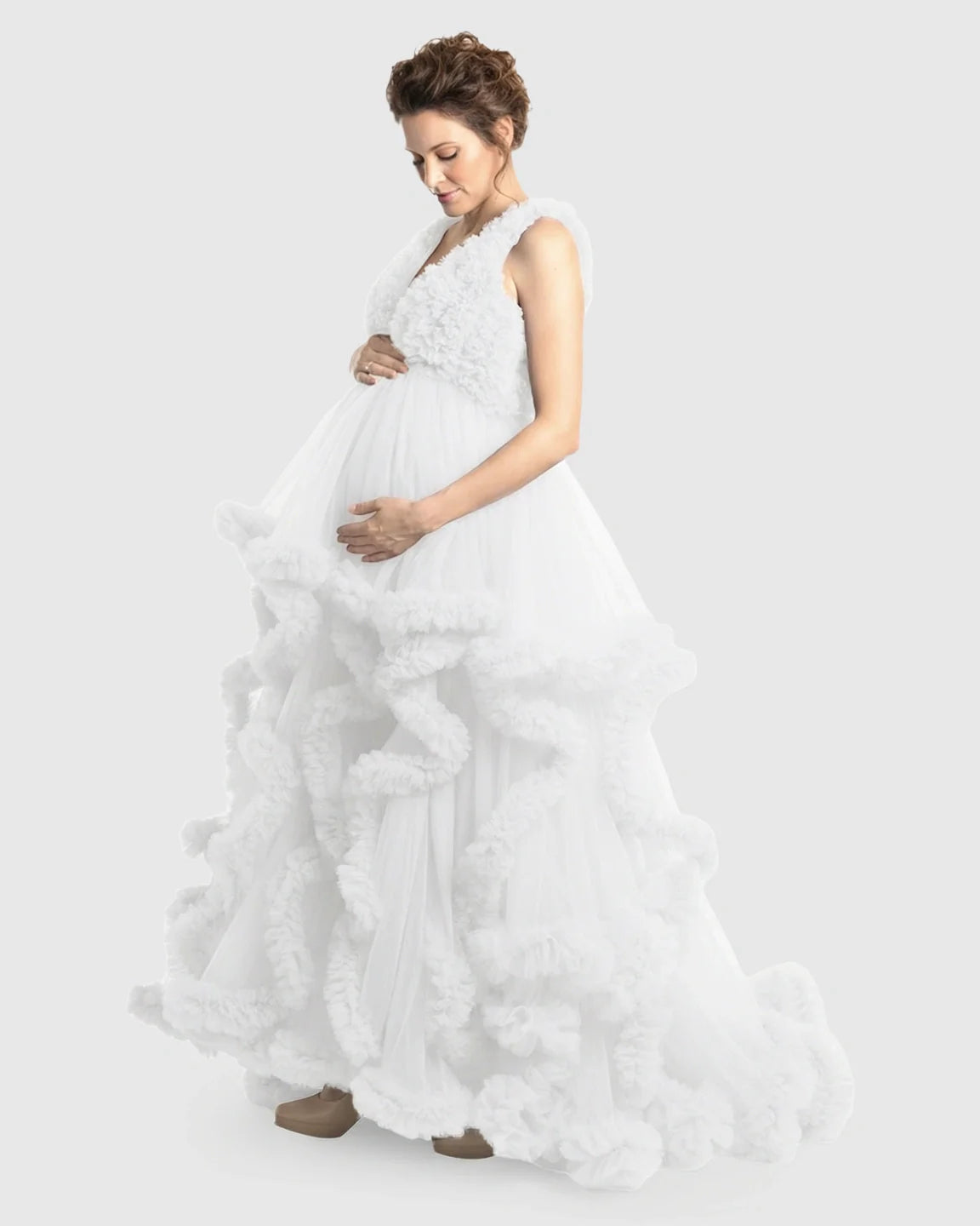 Bump Society – The Comfort Collection: Ruffled Bodice Multi-Layer Mesh Pleats Maternity Gown