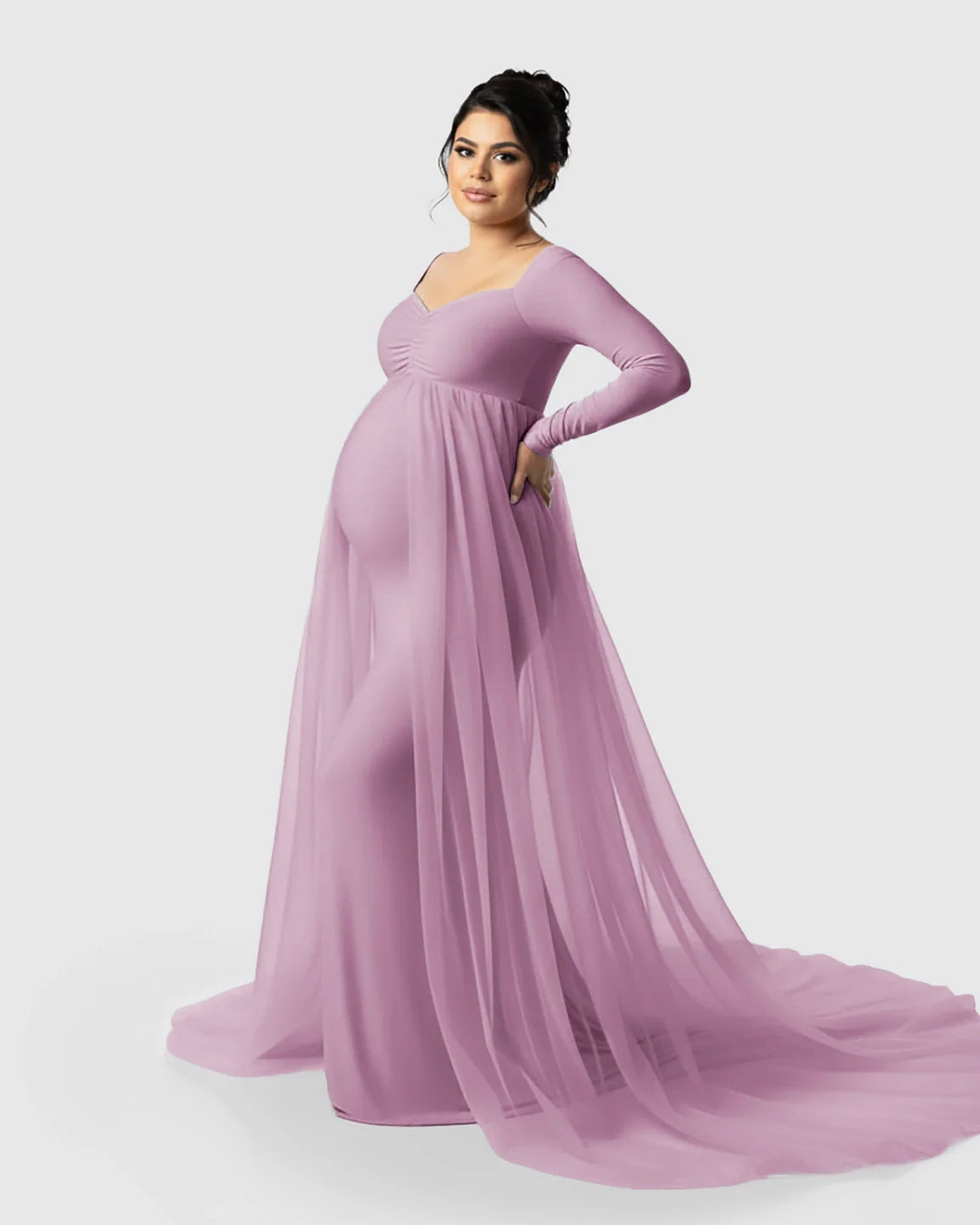 Bump Society – The Comfort Collection: Sheer Mesh Flowy Train Maternity Maxi Dress