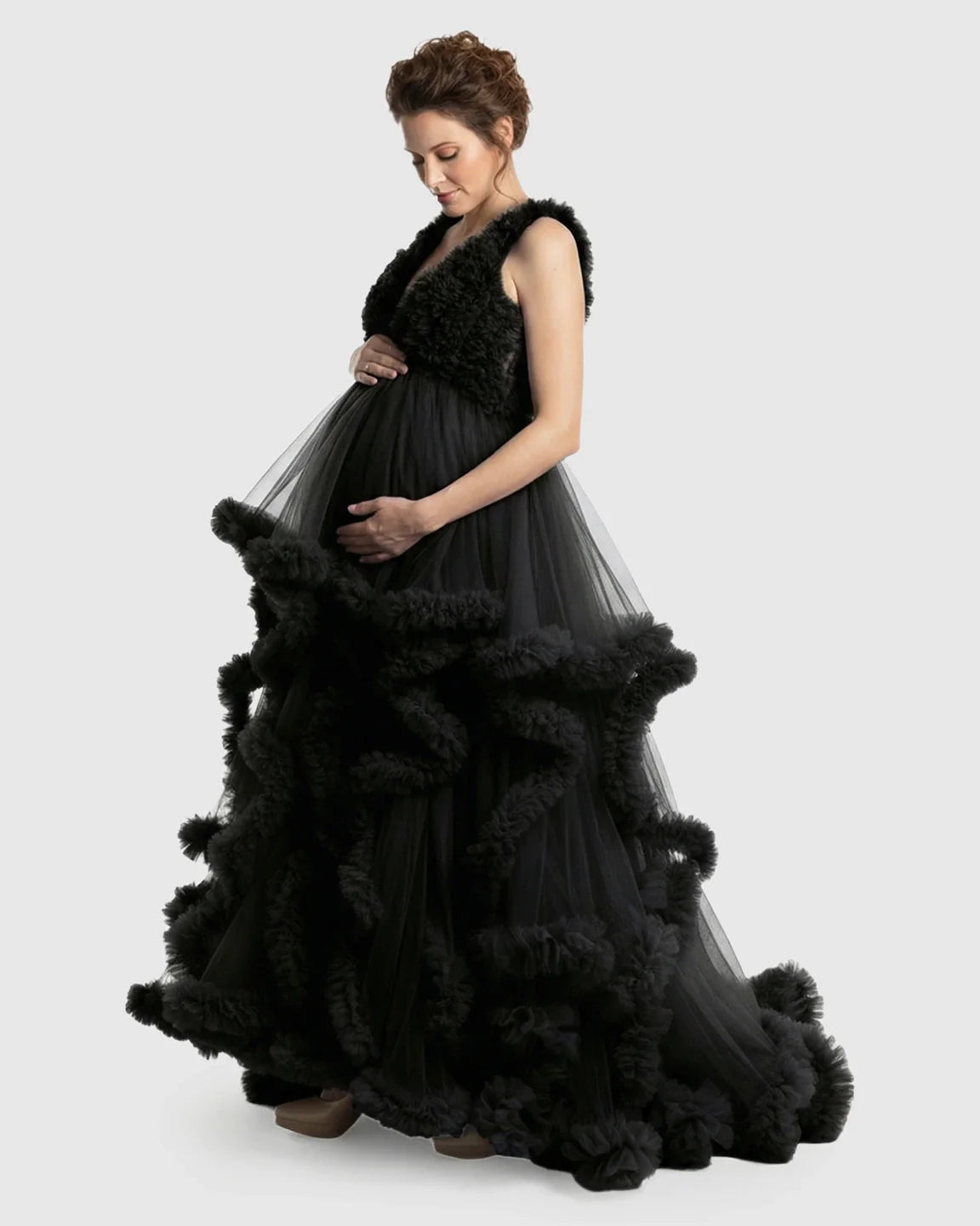 Bump Society – The Comfort Collection: Ruffled Bodice Multi-Layer Mesh Pleats Maternity Gown