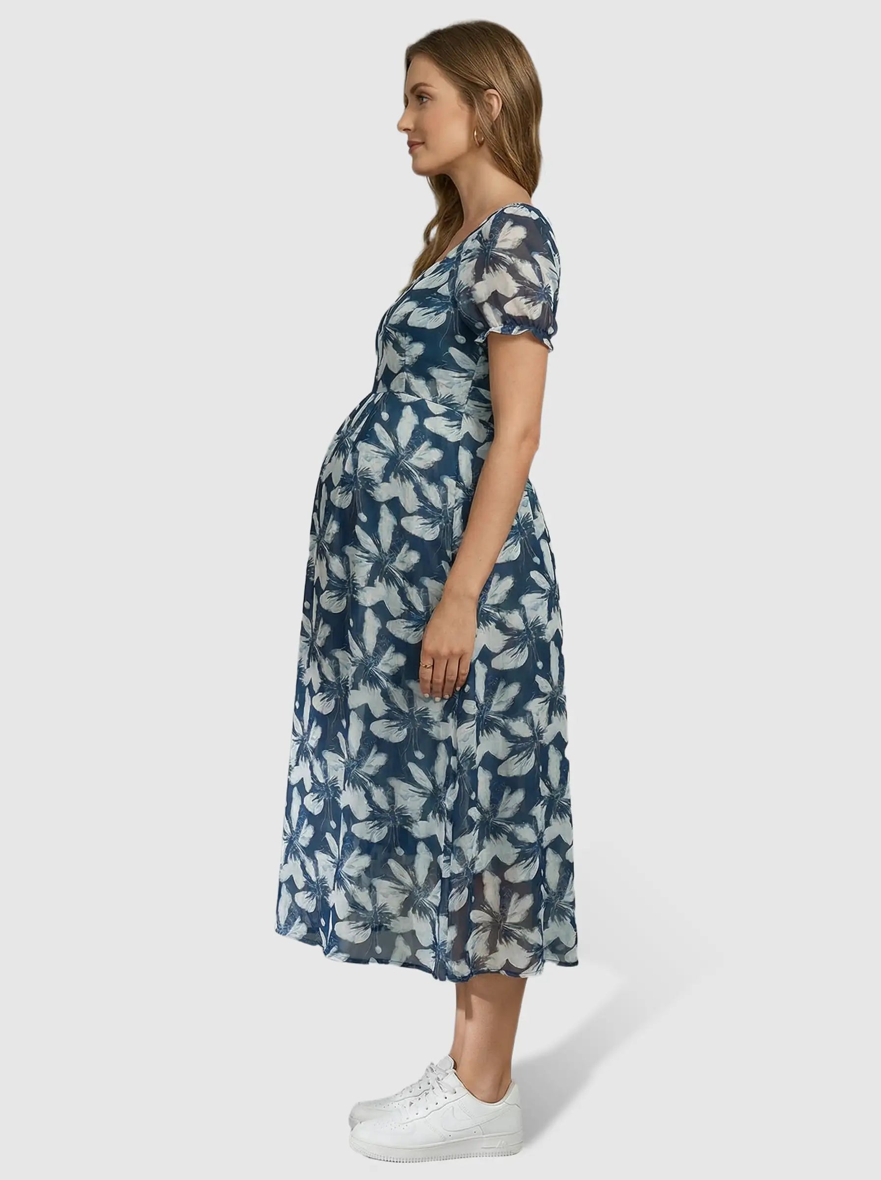 Bump Society – The Comfort Collection: Square Neckline Floral Mid-Waist Cut Maternity Midi Dress