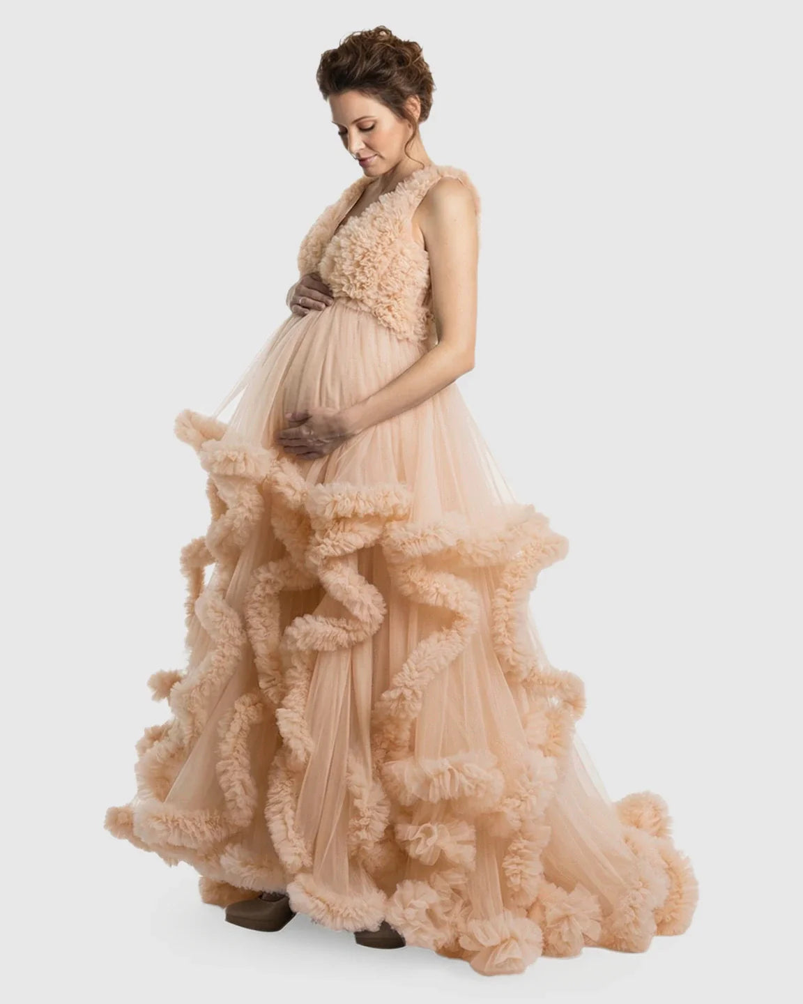 Bump Society – The Comfort Collection: Ruffled Bodice Multi-Layer Mesh Pleats Maternity Gown