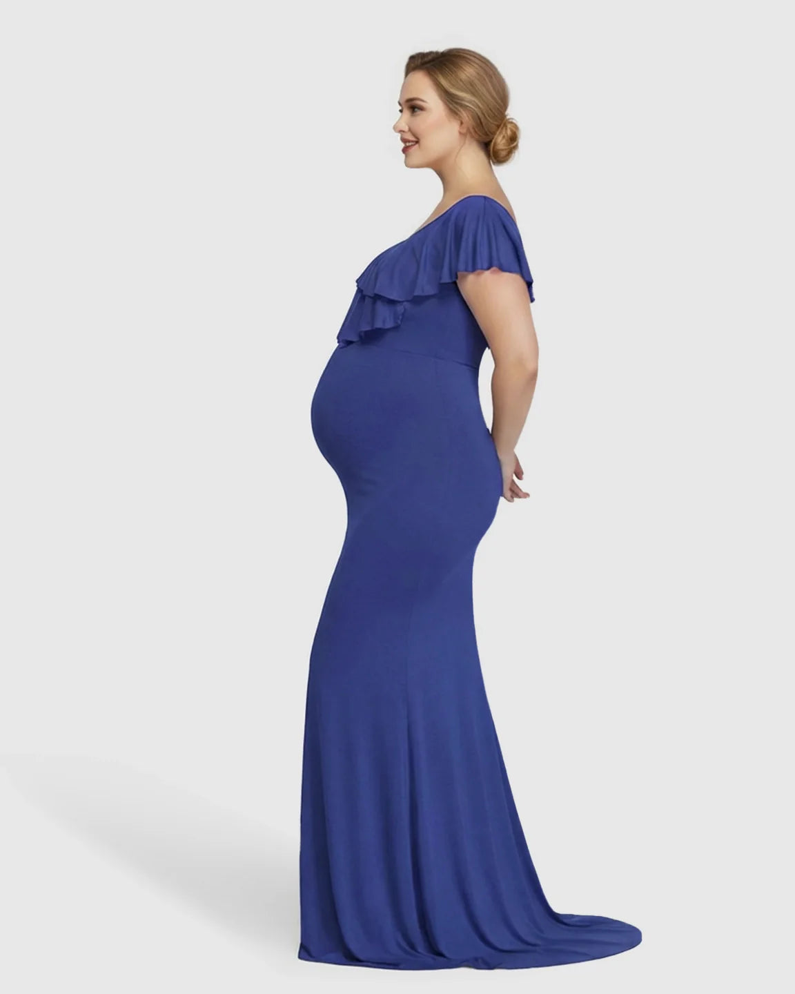 Bump Society – The Comfort Collection: Off-Shoulder Ruffled Bodycon Maternity Maxi Dress