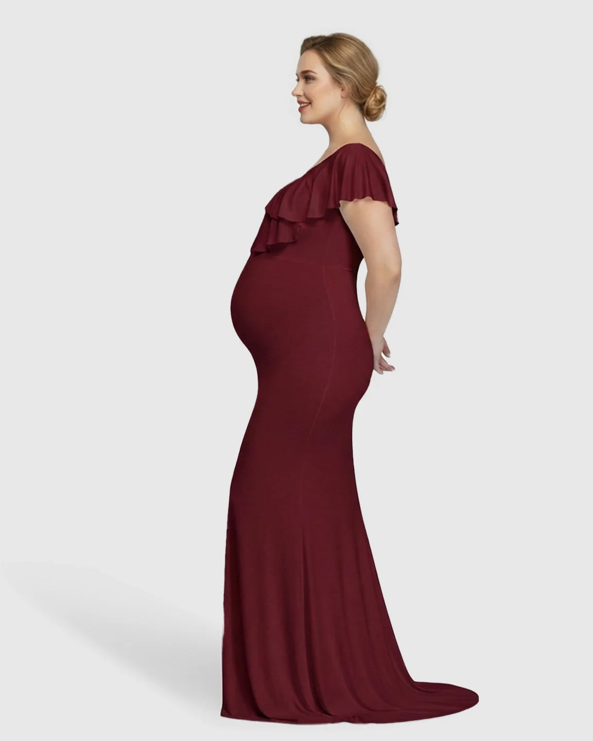 Bump Society – The Comfort Collection: Off-Shoulder Ruffled Bodycon Maternity Maxi Dress
