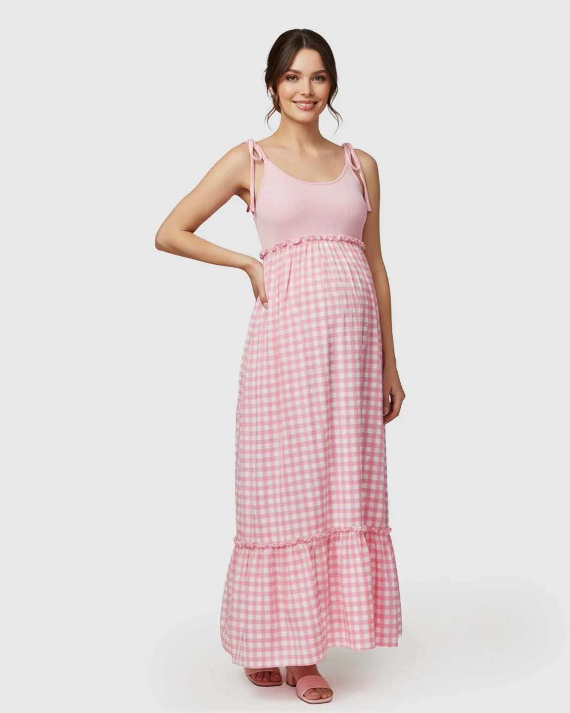 Bump Society – The Comfort Collection: Spaghetti Strap Plaid Patchwork Maternity Maxi Dress