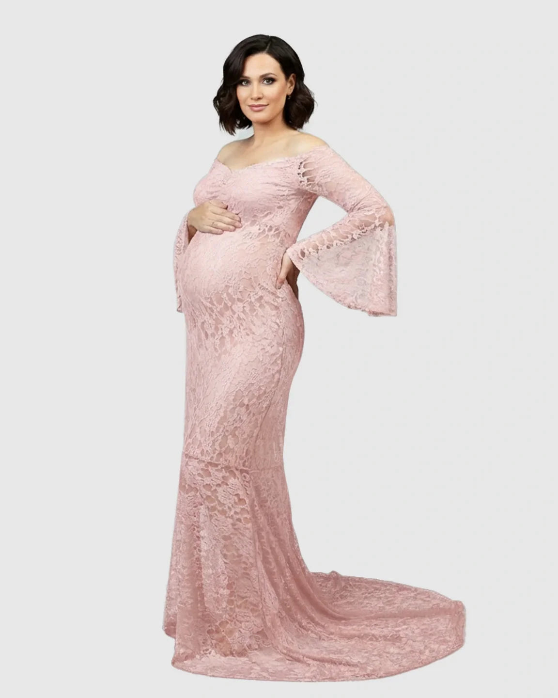Bump Society – The Comfort Collection: Bell Lace Sleeve Trailing Maternity Gown