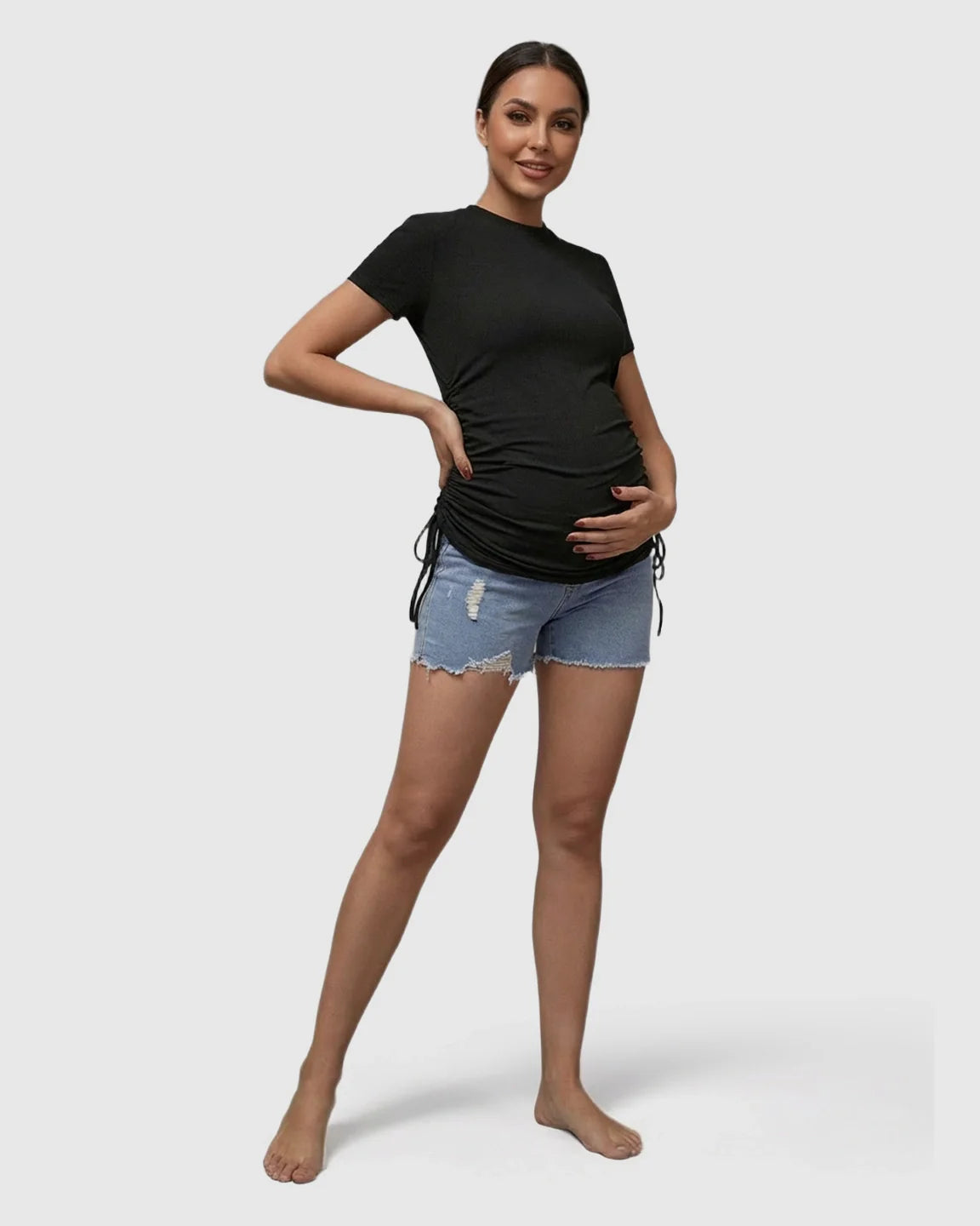 Bump Society – The Comfort Collection: Ruched Waist Casual Maternity Top With Denim Shorts