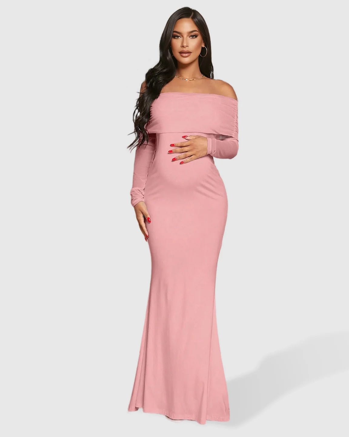 Pink off-shoulder draped neck mermaid fit maternity maxi dress, hugging a pregnant woman's bump.